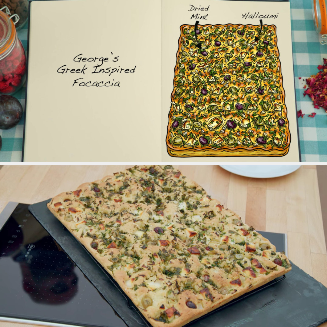 George&#x27;s focaccia with dried mint and halloumi side by side with its drawing