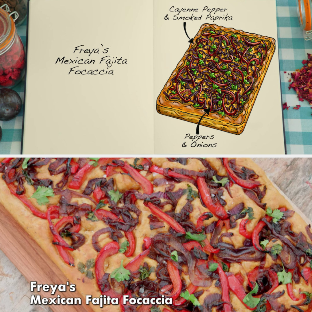 Freya&#x27;s focaccia with peppers and onions and cayenne pepper and smoked paprika side by side with its drawing