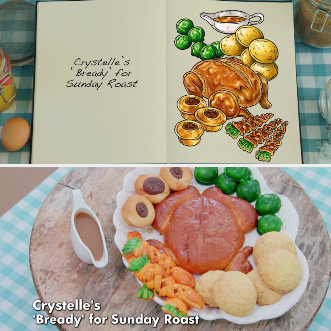 Crystelle&#x27;s sunday roast shaped bread sculpture along with fake gravy side by side with its drawing