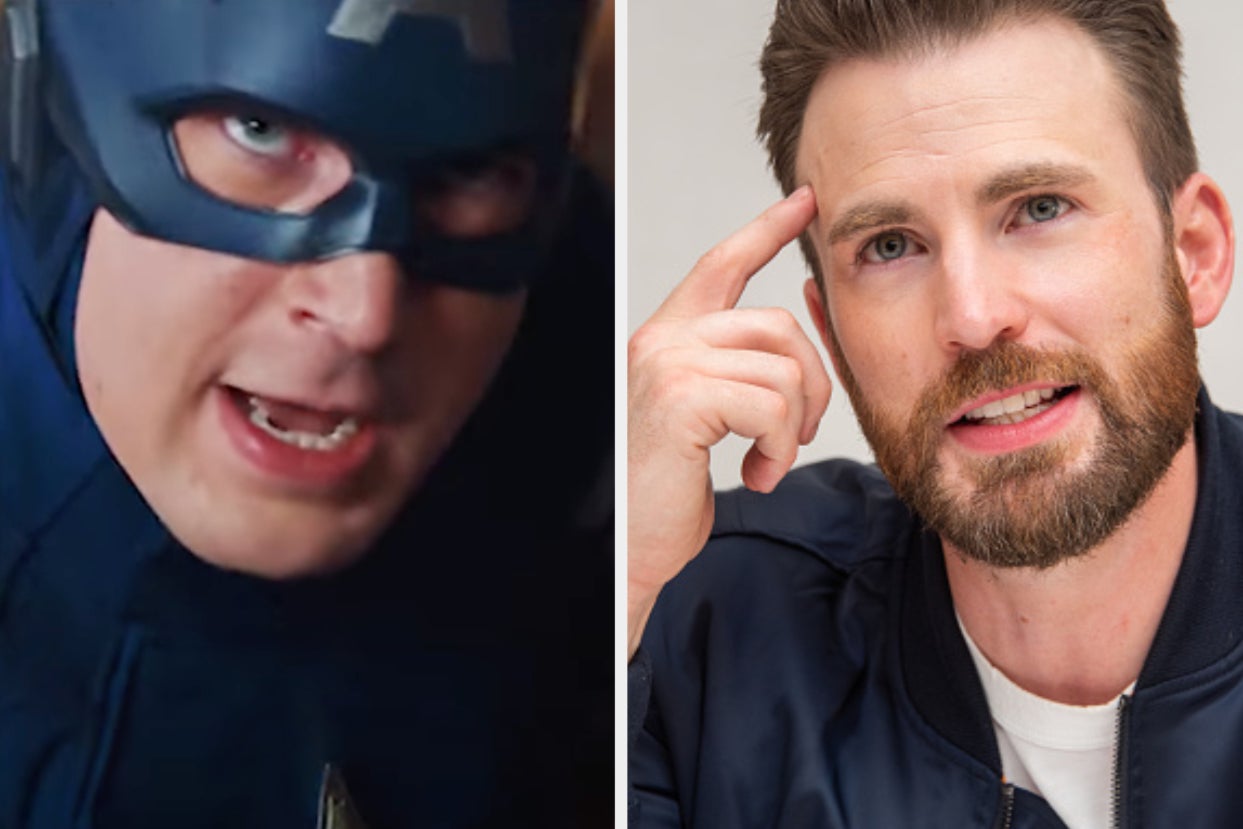 Captain America is on the left with Chris Evans on the right pointing to his head