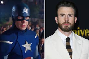 Captain America is in a costume on the left with Chris Evans in a tux on the right