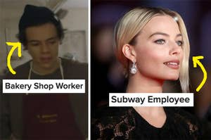 harry styles with bakery shop written under him and margot robbie with subway employee written under her