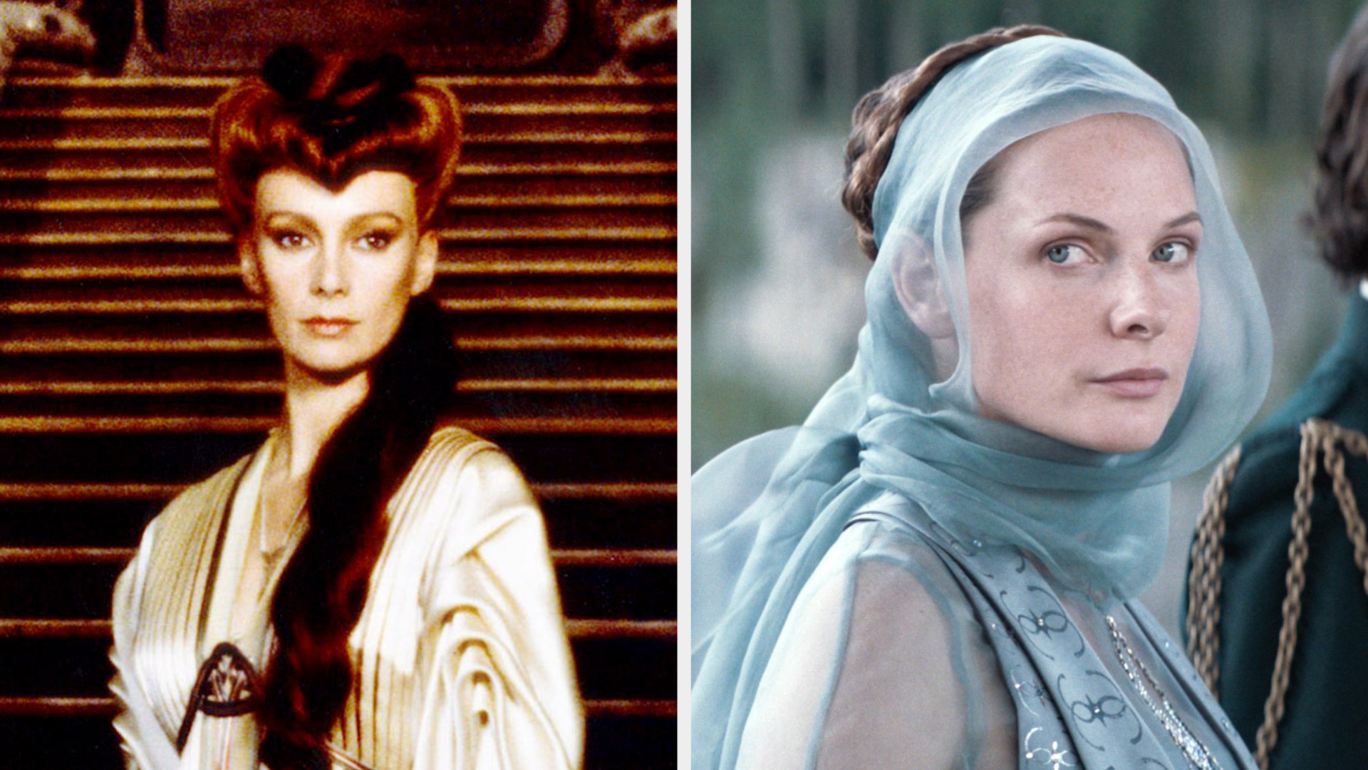 Francesca Annis as Lady Jessica with a long, red braid and Rebecca Ferguson as Lady Jessica with a blue head scarf over her braided bun