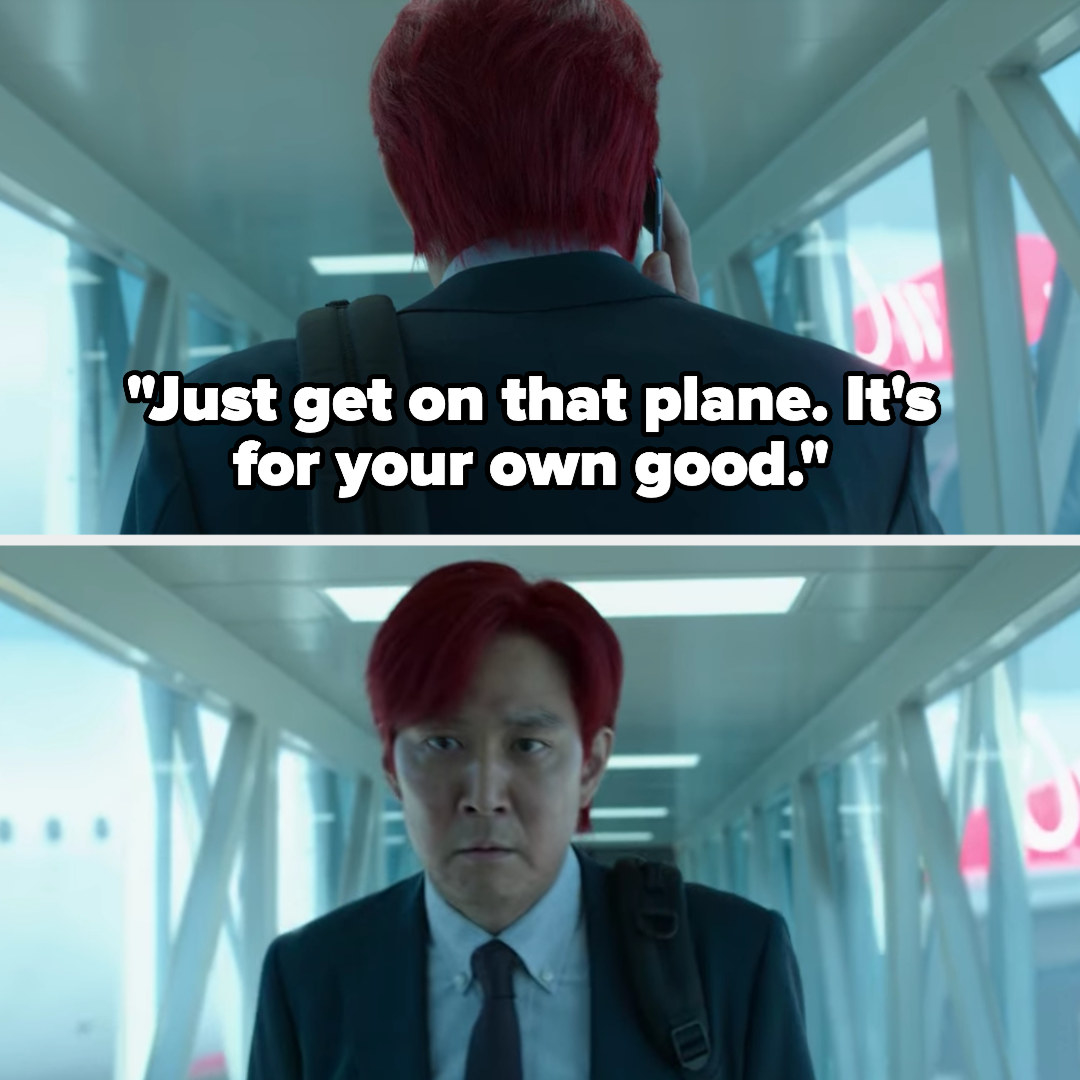 the frontman tells Gi-hun to get on the plane, and Gi-hun turns around and gets off