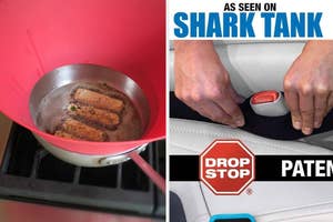 four things sizzle in frying pan with frywall around it; hands inserting seatbelt cushion w/ caption "as seen on shark tank"