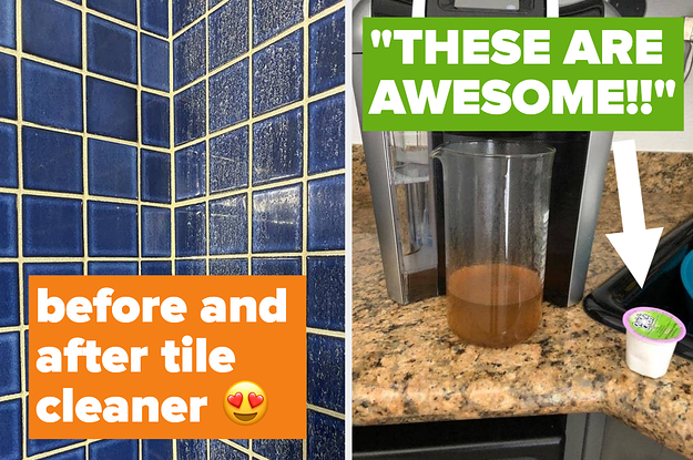 A split thumbnail of bathroom tiles and a Keurig cleaning pod