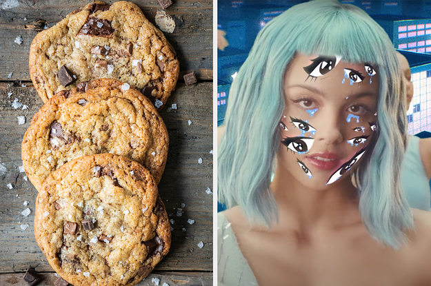 On the left, some chocolate chip cookies topped with flaky sea salt, and on the right, Olivia Rodrigo in the Brutal music video
