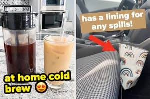 A split thumbnail of a cold brew and a trash can