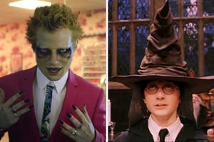 On the left, Ed Sheeran in the Bad Habits music video, and on the right, harry potter wearing the sorting hat