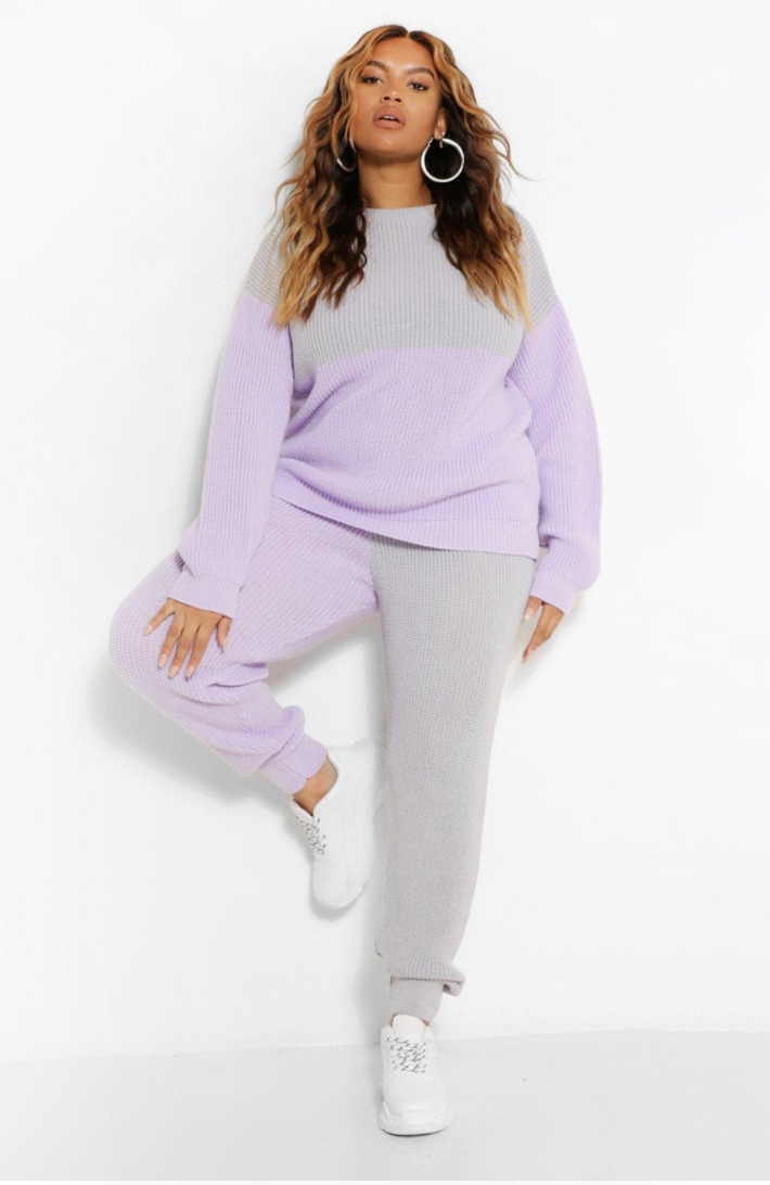 Model wearing lilac and gray jogger set