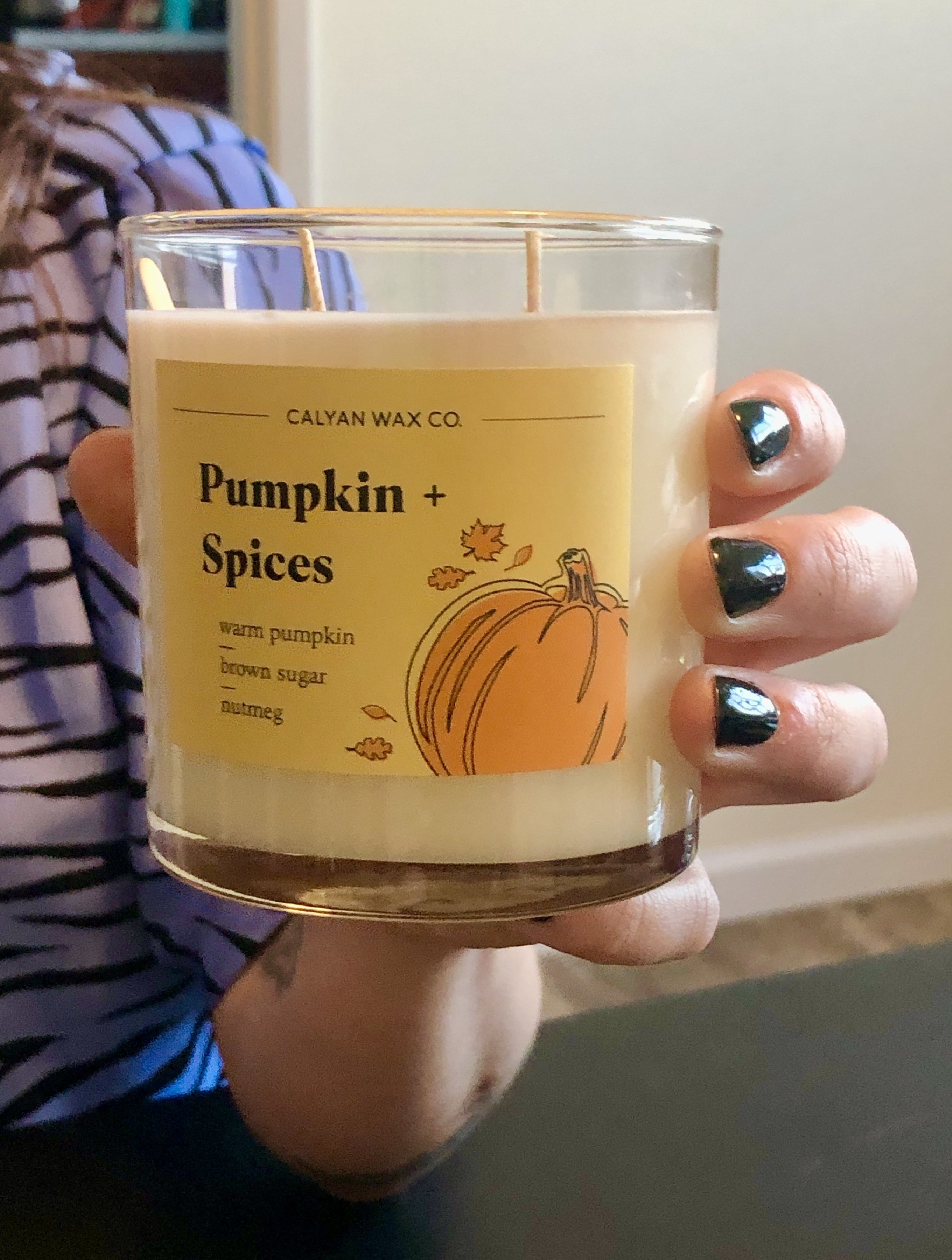 I hold up the pumpkin and spices candle