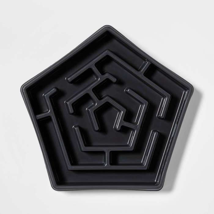 black pentagon shaped  slow eat maze dog bowl