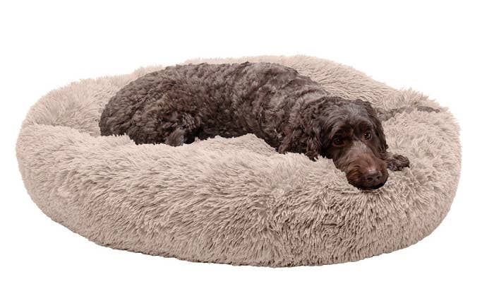 taupe long fur donut dog bed