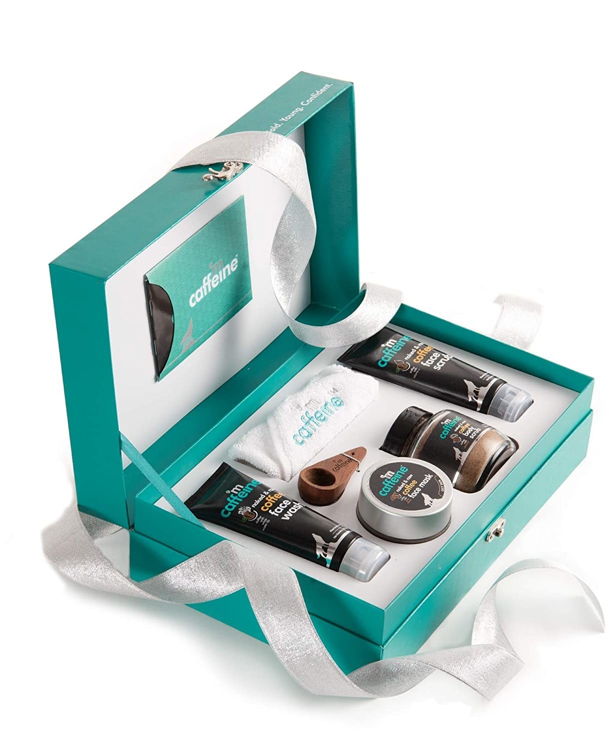 A blue box with coffee skincare products in it