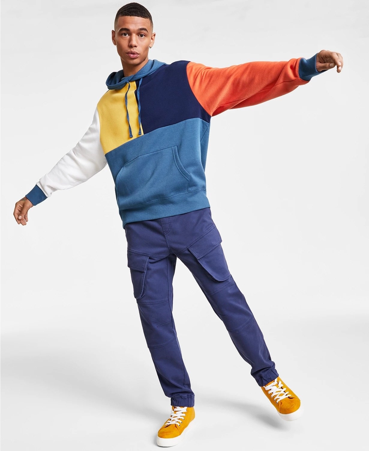 model wearing the colorblock hoodie