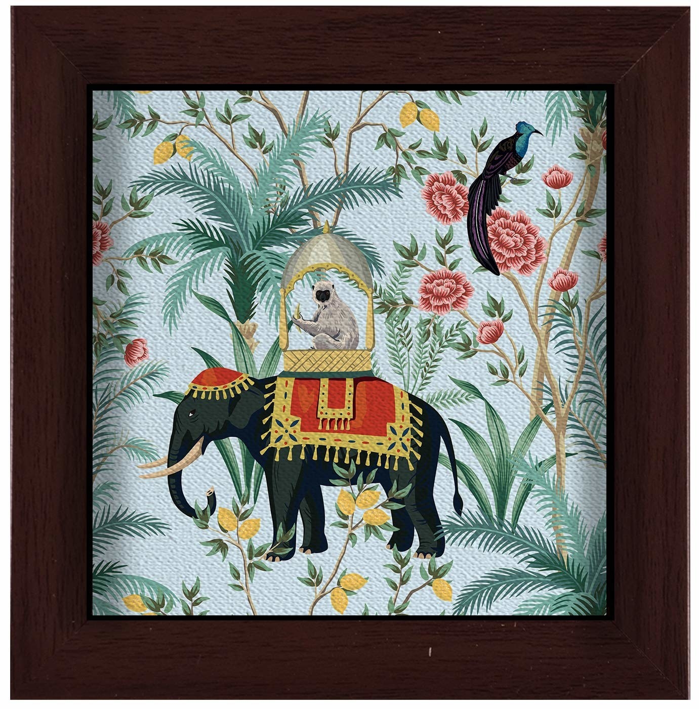 A coaster with an elephant and a monkey surrounded by flowers