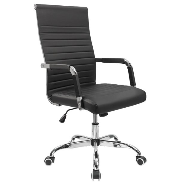 the black chair with silver legs and arms