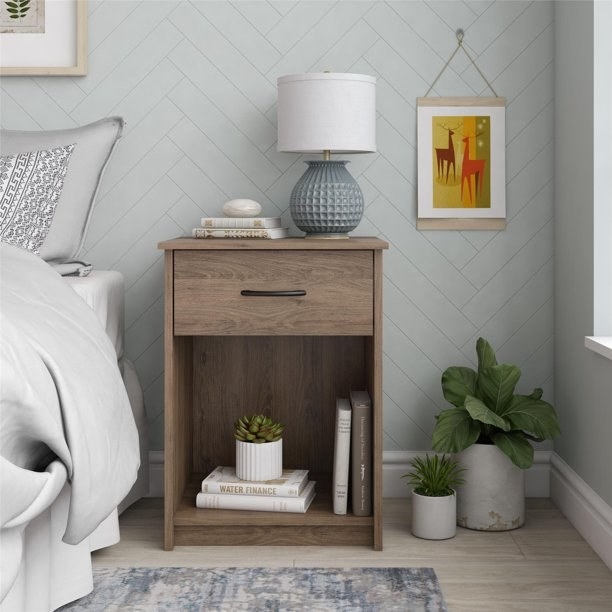 the brown nightstand with books and a plant on the open bottom shelf, a lamp and books on the top of the nightstand, and two plants on the floor next to the nightstand