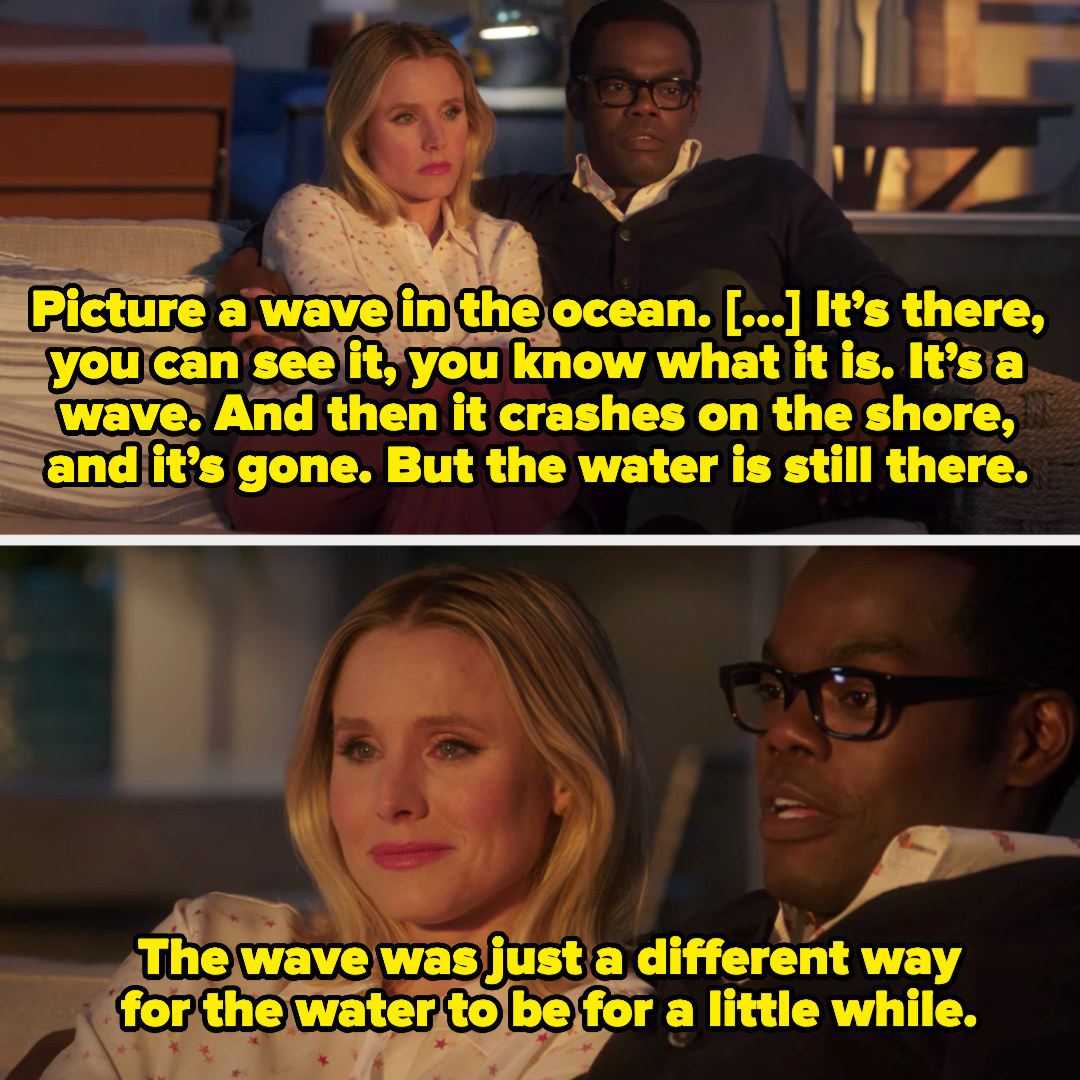 Chidi: &quot;Picture a wave in the ocean. It&#x27;s there, you can see it, you know what it is. And then it crashes on the shore, and it&#x27;s gone. But the water is still there. The wave was just a different way for the water to be for a little while&quot;