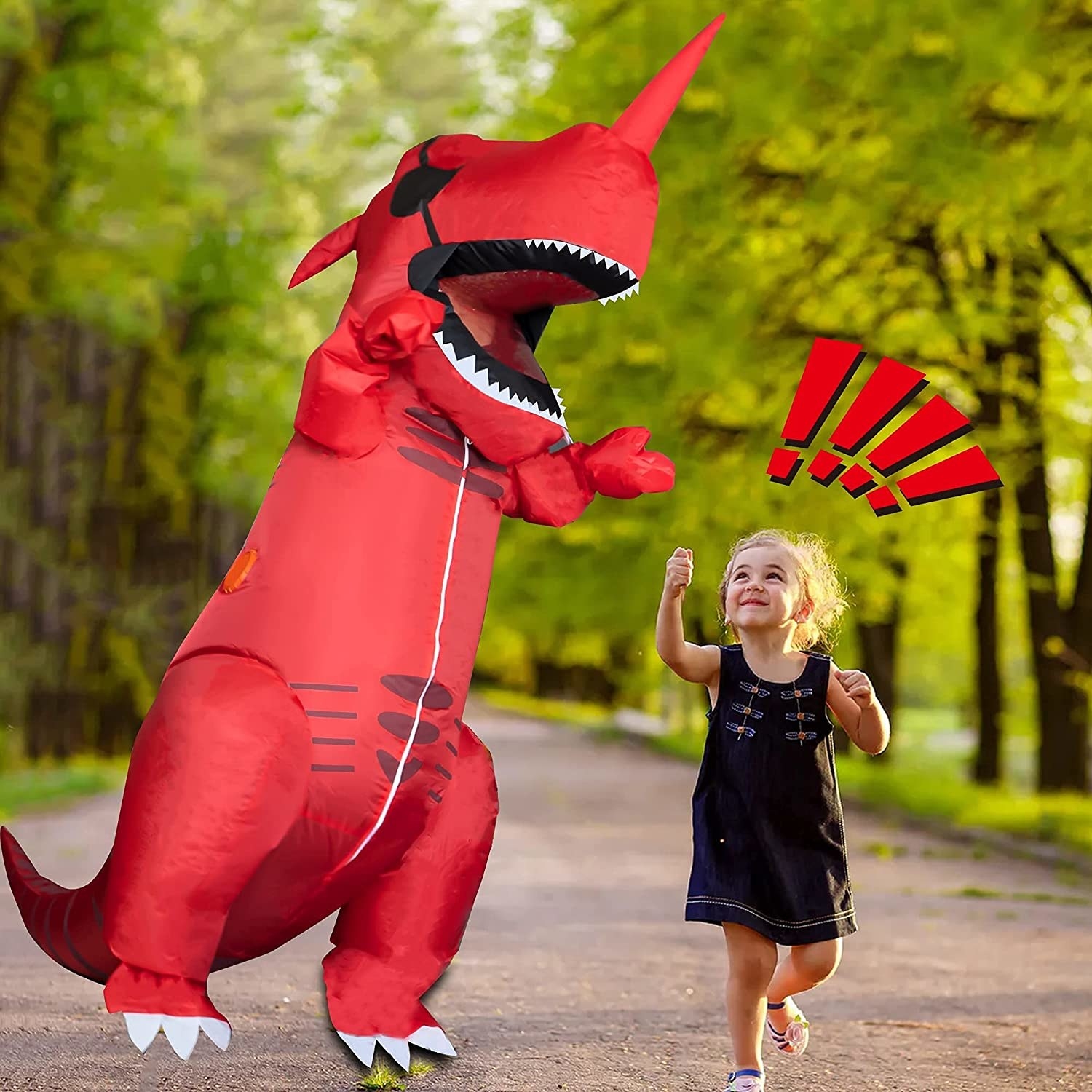 Someone in the red dino costume making a little girl laugh and think !!!