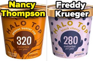 Peanut Butter ice cream is on the left labeled, "Nancy Thompson with Black Cherry ice cream labeled, "Freddy Krueger"