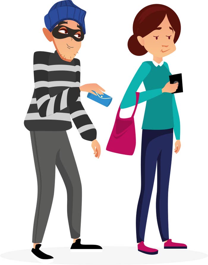 Male thief in blue beret and black mask stealing money from the purse of a young woman while she is busy with her phone.