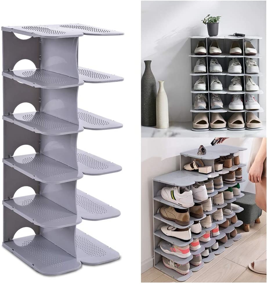 Slotted gray shoe rack