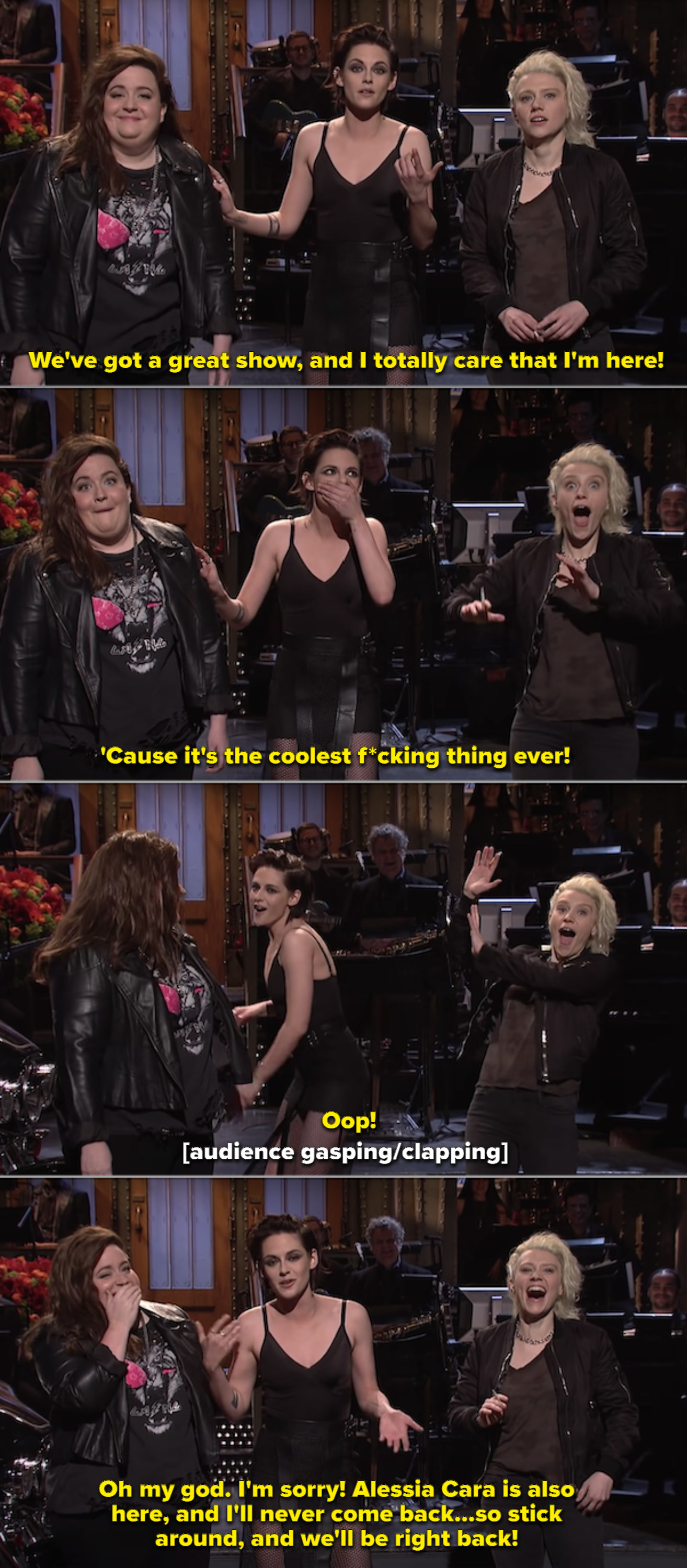 Kristen Stewart on stage during her &quot;SNL&quot; monologue with Kate McKinnon and Aidy Bryant