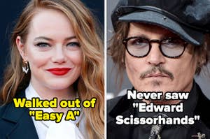 Emma Stone labeled "Walked out of Easy A" and Johnny Depp labeled "Never saw Edward Scissorhands"