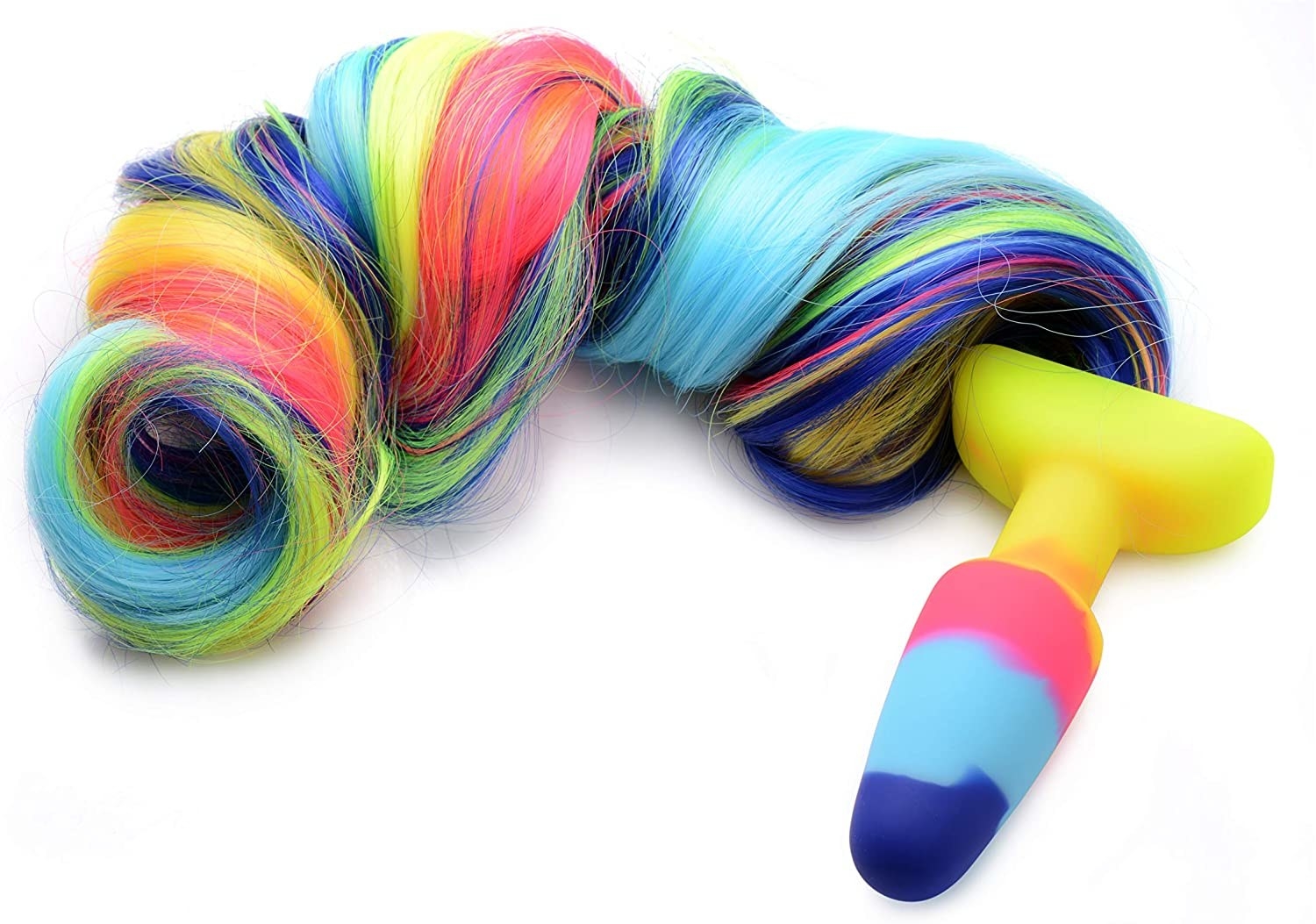 Vibrant multicolor butt plug attached to multicolor synthetic unicorn tail