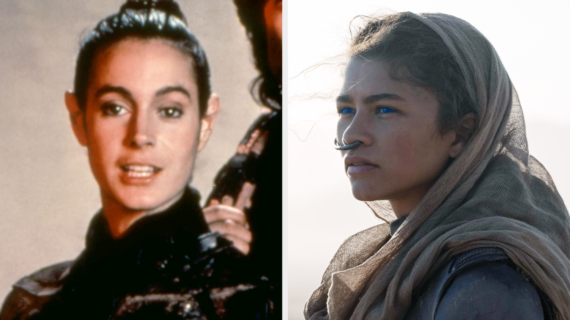 Sean Young as Chani in a black &quot;stillsuit&quot; and Zendaya as Chani in a headscarf and with glowing, blue eyes