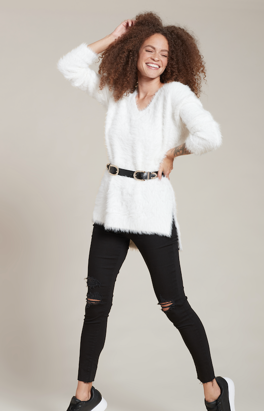 model wearing eyelash sweater
