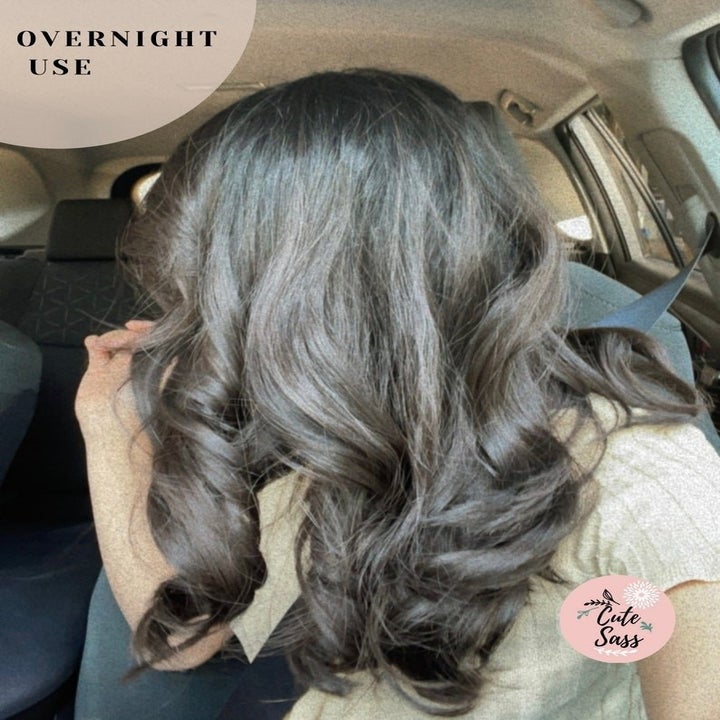 model with curled hair with the text: "overnight use"
