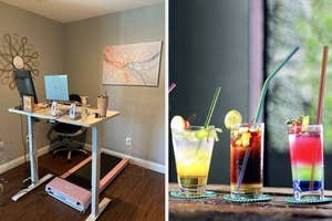 on left, pink walking pad under standing desk. on right, colorful iridescent reusable straws in glasses