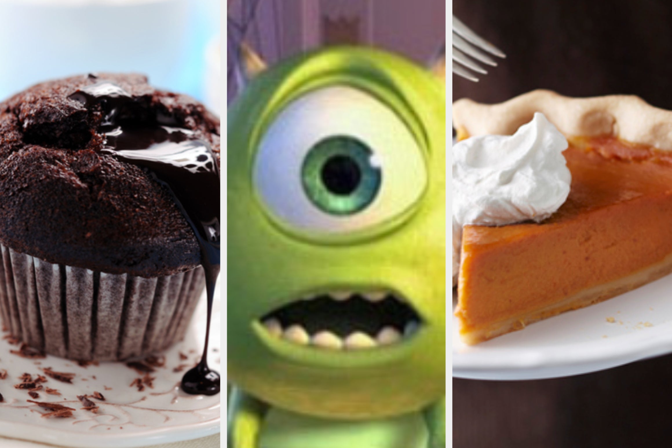 A chocolate muffin with chocolate sauce leaking out, a close up of Mike from "Monsters, Inc." and a slice of pumpkin pie on a plate