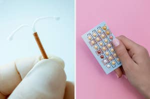 side-by-side image of an IUD and a pack of birth control pills