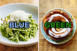 On the left, some pesto pasta labeled blue, and on the right, a cinnamon roll labeled green