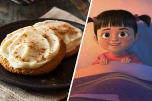 Two frosted pumpkins sit on a plate and a close up of Boo from "Monsters, Inc." as she sits in bed