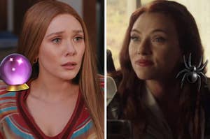 A close up of Wanda Maximoff as she looks distressed and a close up of Natasha Romanoff as she smiles