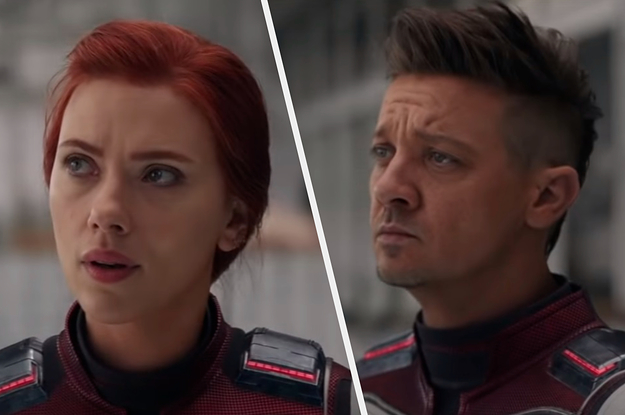 Natasha Romanoff and Clint Barton stand next to each other while wearing their Avengers uniform