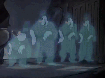 Four animated ghosts dance away from Mickey Mouse