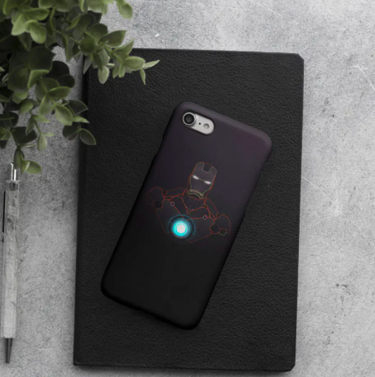 a flatlay of the phone case printed with an iron man graphic