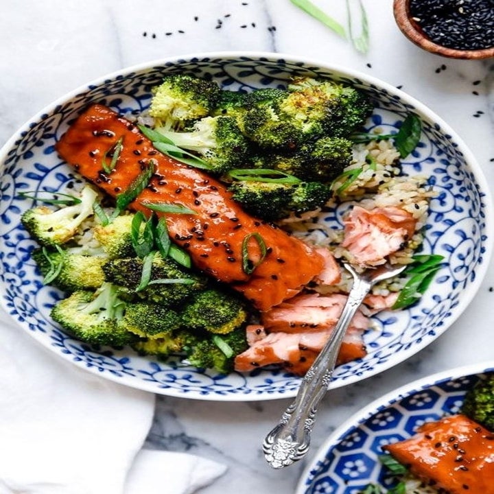 Salmon with broccoli.