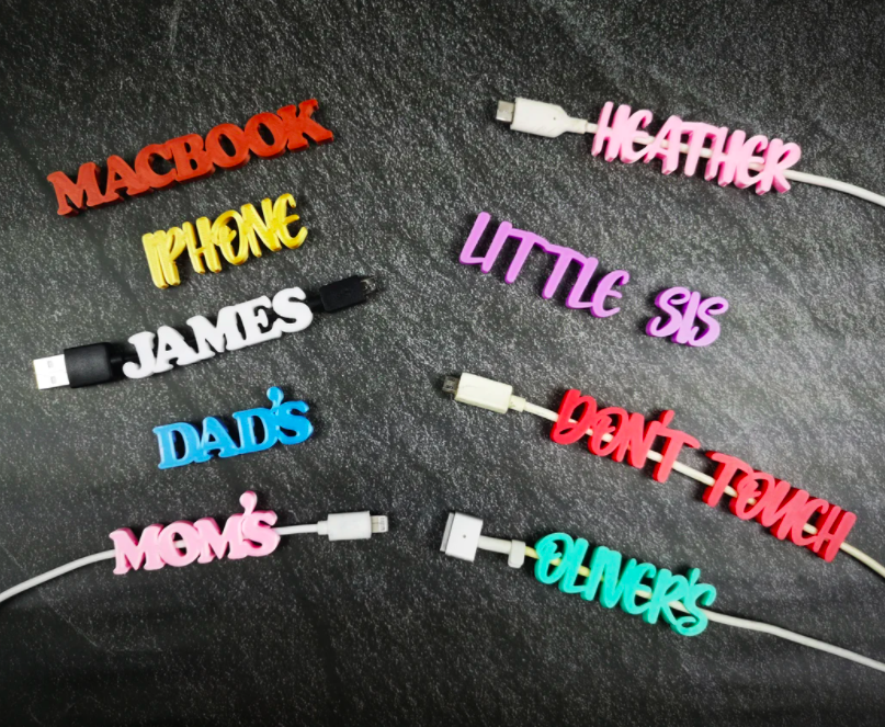 a set of customized cable tags that say things like don&#x27;t touch, mom&#x27;s, and iphone