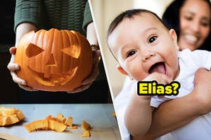 Two hands hold a pumpkin with a carved face and a close up of a smiling baby