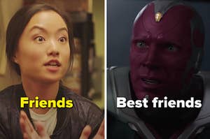 Kim is on the left labeled, "Friends" with Vision on the right labeled, "Best friends"