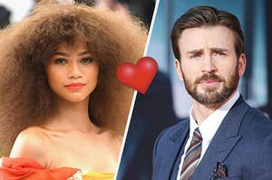 On the left, Zendaya, and on the right, Chris Evans with a heart emoji in the middle