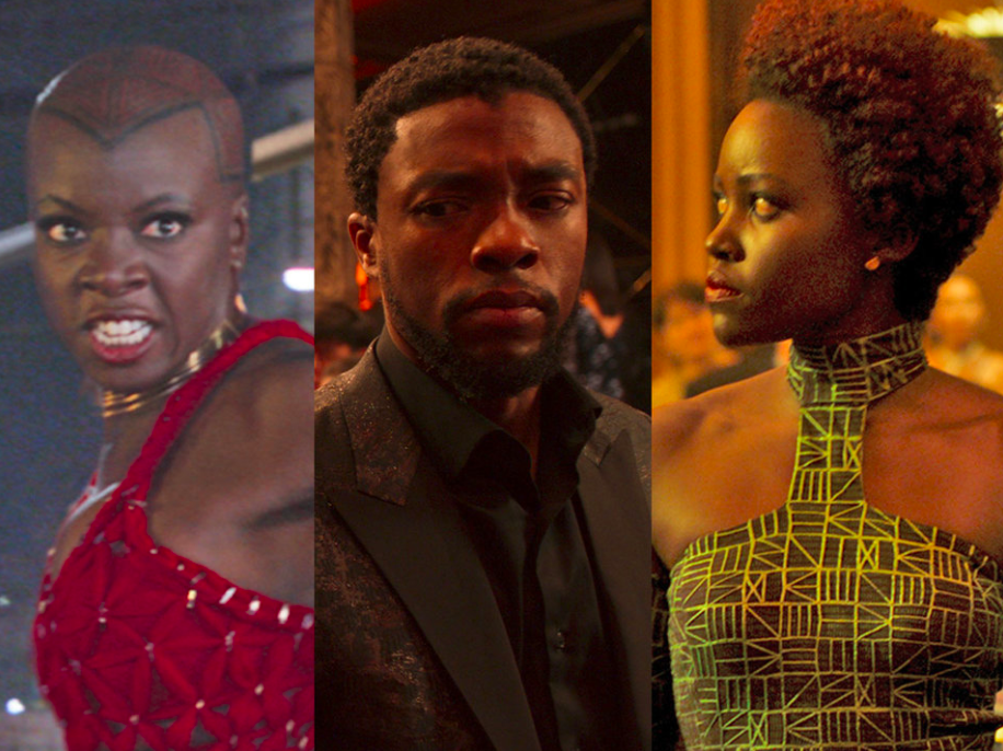 Okoye usando rojo, T&#x27;Challa usando negro, and Nakia usando verde