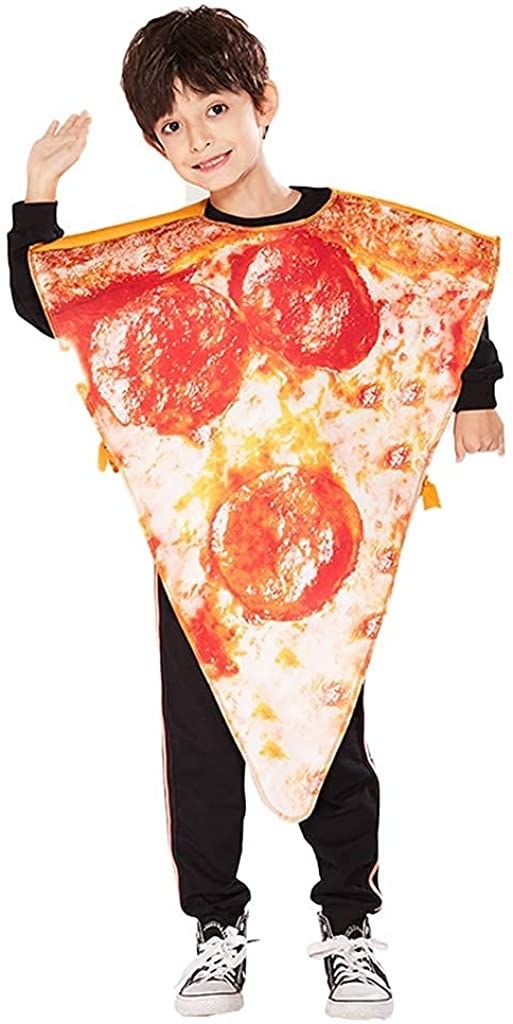 A boy wearing the pizza slice costume