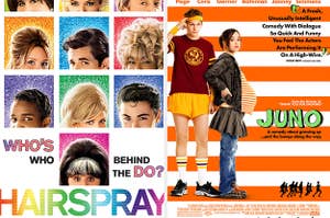 Two split images: movie posters for Hairspray and Juno